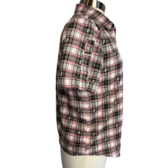 Adriana Delafield blouse medium short sleeve pink black pocket collar  FLAW - Picture 9 of 16